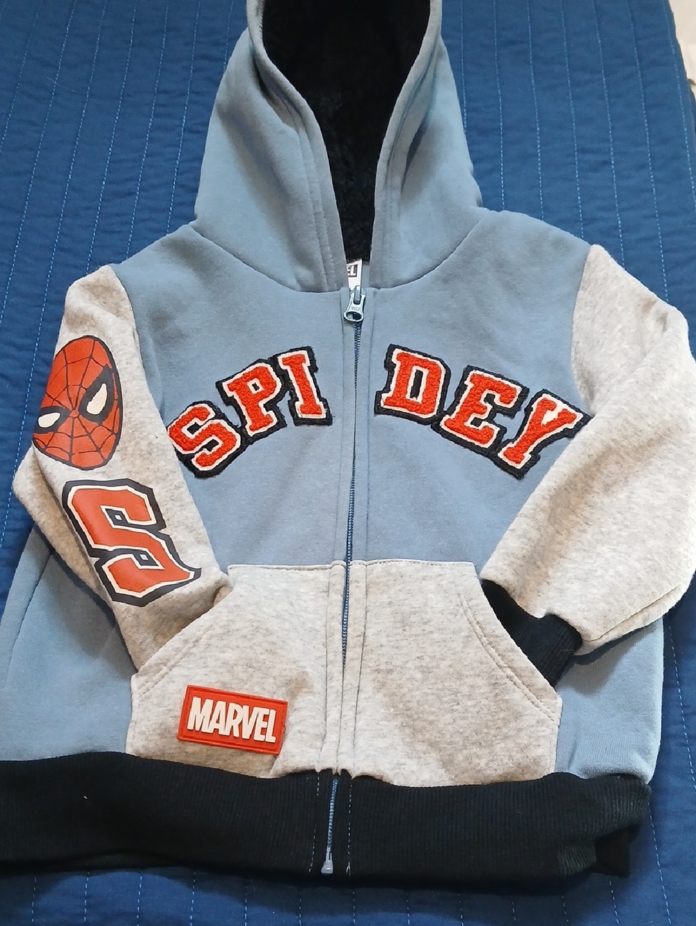 Marvel Spidey Light Blue & Gray Zip Sherpa  Hoodie with Red Accents